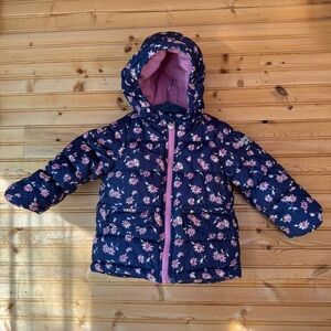 Osh Kosh B’Gosh Puffer Jacket Hood Blue Pink Floral Sz 24 months Toddler Winter